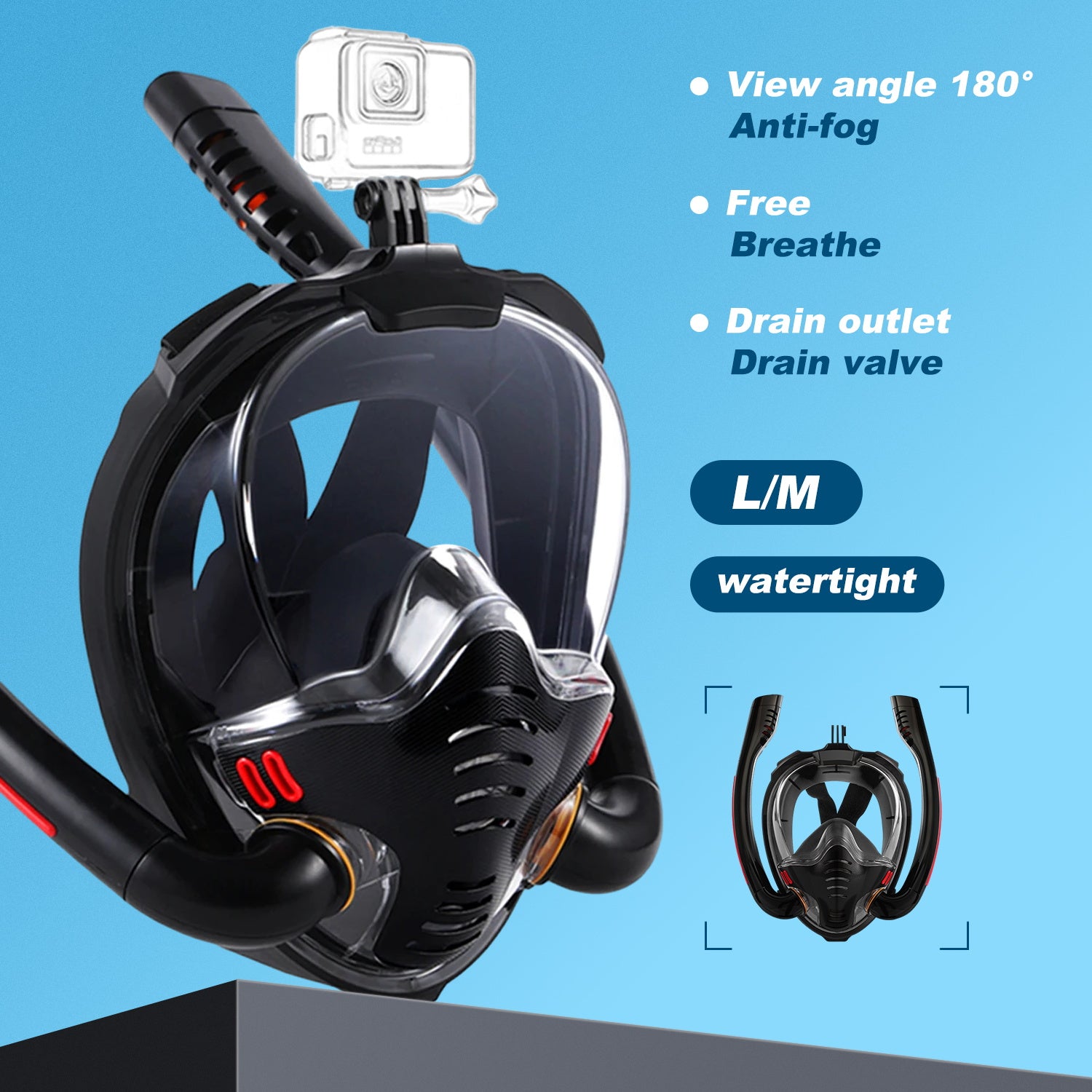 K3 Double-Tube Snorkeling Mask with the Latest Dry Top System, Foldable 180-Degree Panoramic Snorkeling Mask with Camera Mount, Safe Breathing, Leak-Proof & Anti-Fog