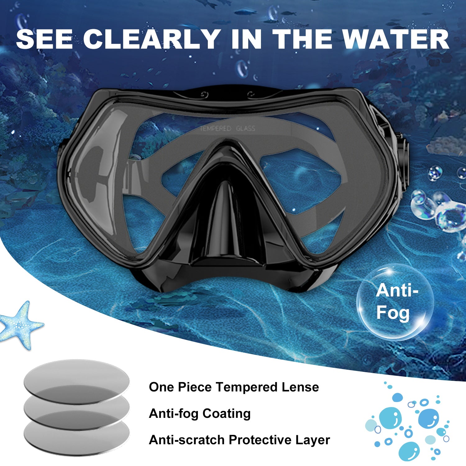 Frameless Snorkeling Mask - Tempered Glass Lens - Low-Volume for Easy Clearing - Fold-Flat & Adjustable Straps