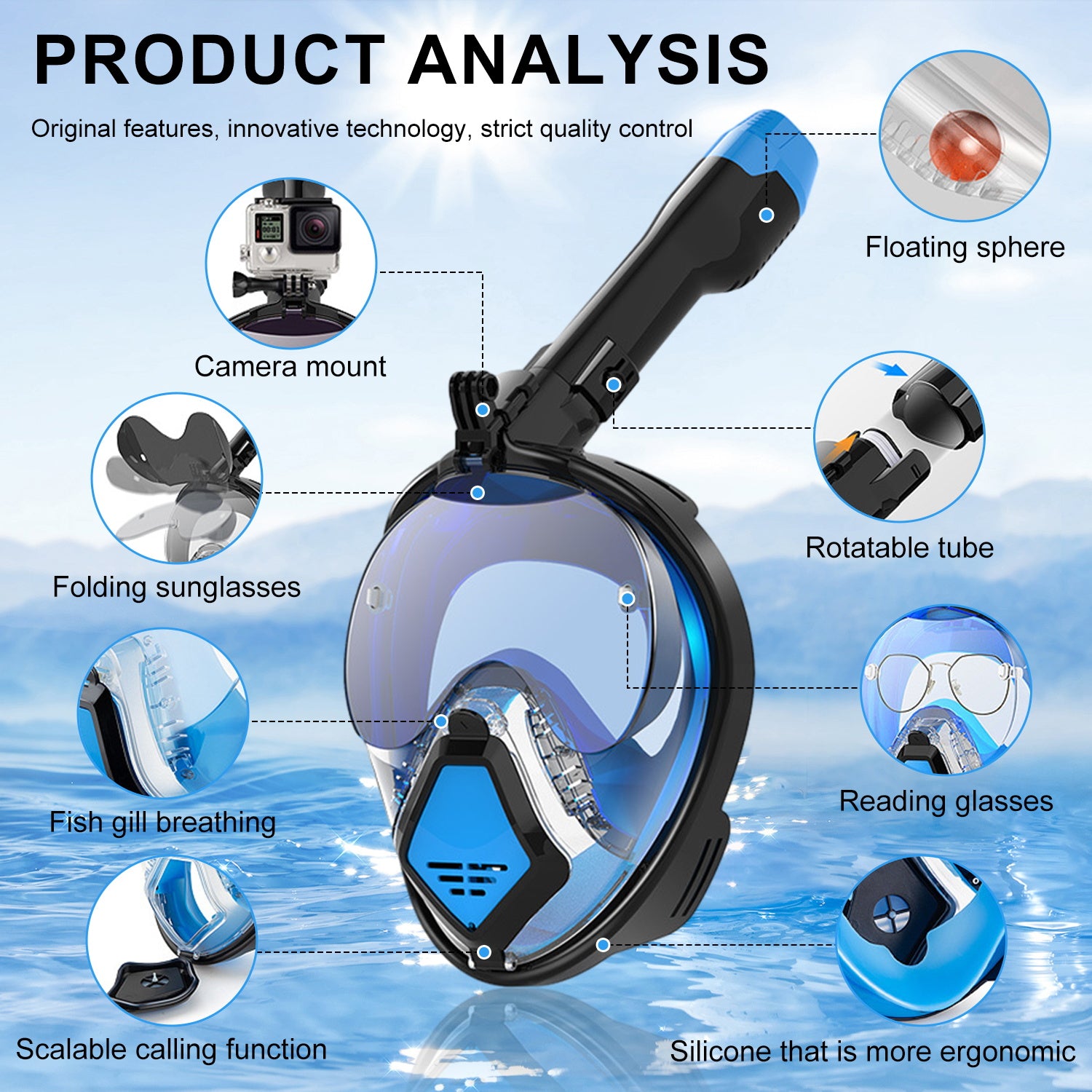 MGY Snorkeling Mask with the Latest Dry Top System, Foldable 180-Degree Panoramic Snorkeling Mask with Camera Mount, Safe Breathing, Leak-Proof & Anti-Fog