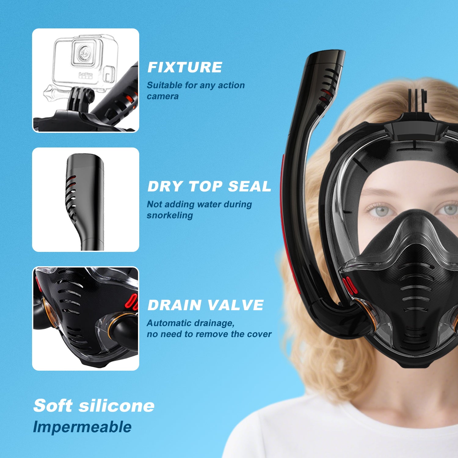 K3 Double-Tube Snorkeling Mask with the Latest Dry Top System, Foldable 180-Degree Panoramic Snorkeling Mask with Camera Mount, Safe Breathing, Leak-Proof & Anti-Fog