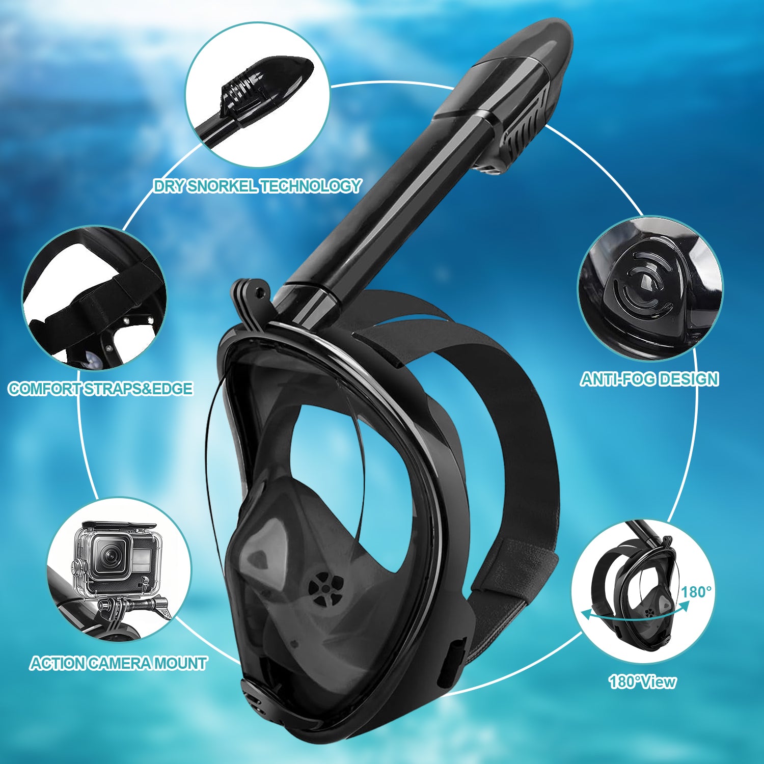 Full-Face Snorkel Mask with the Latest Dry Top System, Foldable 180-Degree Panoramic Snorkeling Mask with Camera Mount, Safe Breathing, Leak-Proof & Anti-Fog