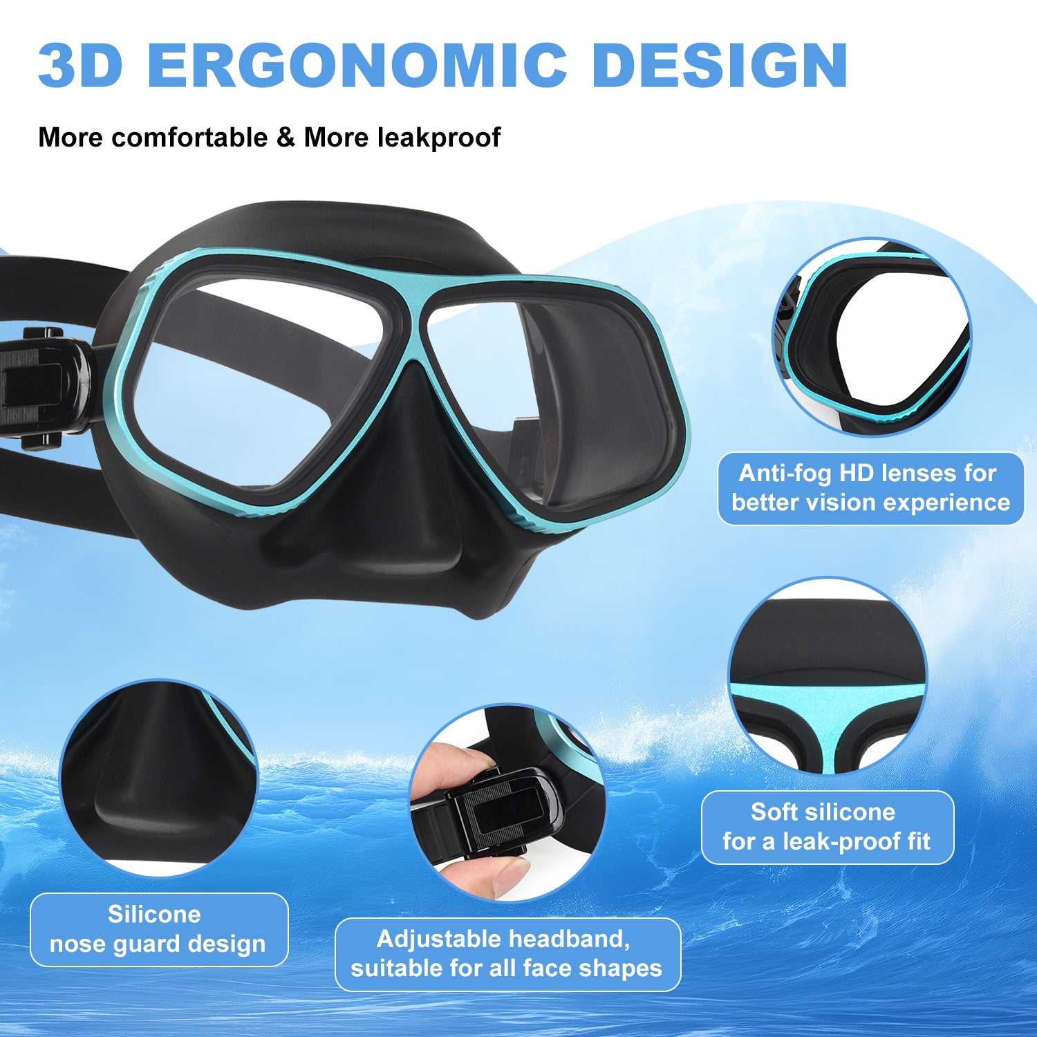 Adult - Snorkel Mask, Two-Window Tempered Glass, PVC Skirt, Quick-Release Buckle, Snorkeling Gear for Ocean Swimming and Casual Snorkeling