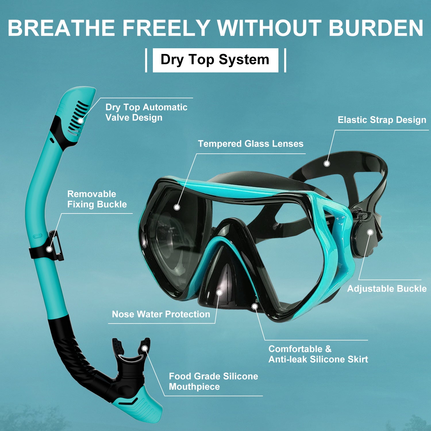 Snorkel Set, 180° Wide View Anti-Fog Panoramic View Snorkel Mask and Anti-Leak Dry Snorkel Tube, Snorkeling Gear for Adults