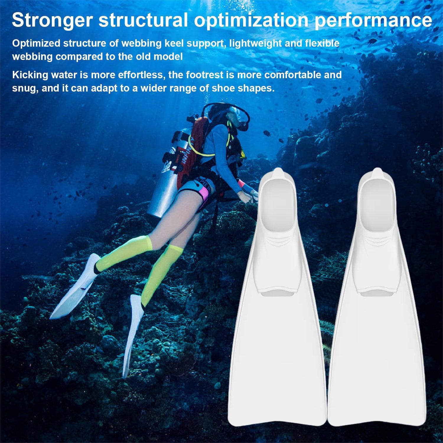 Snorkel Fins with Full Foot Pocket Durable Long Diving Fins Professional Snorkel Gear for Snorkeling Diving Freediving Adults Men Women