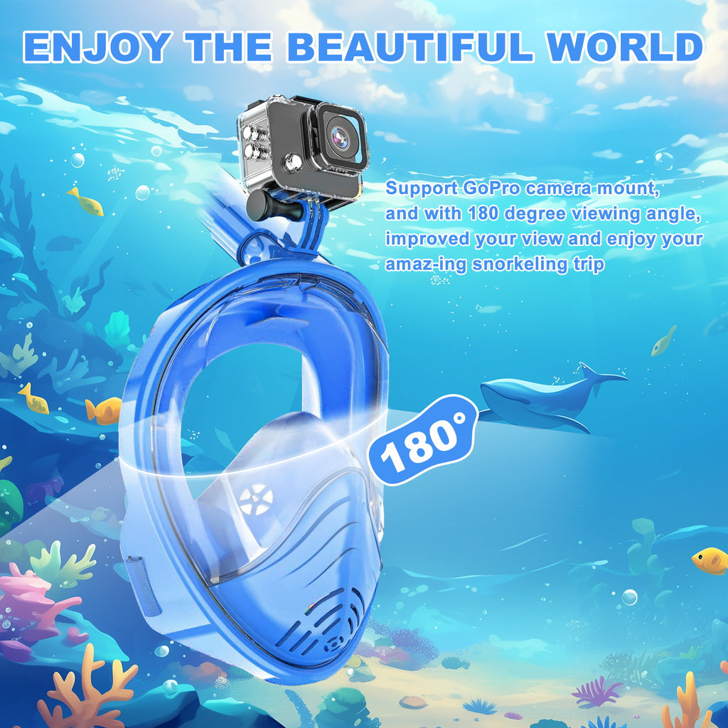 Full-Face Snorkel Mask with the Latest Dry Top System, Foldable 180-Degree Panoramic Snorkeling Mask with Camera Mount, Safe Breathing, Leak-Proof & Anti-Fog