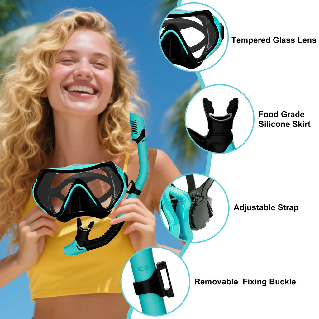 Snorkel Set, 180° Wide View Anti-Fog Panoramic View Snorkel Mask and Anti-Leak Dry Snorkel Tube, Snorkeling Gear for Adults