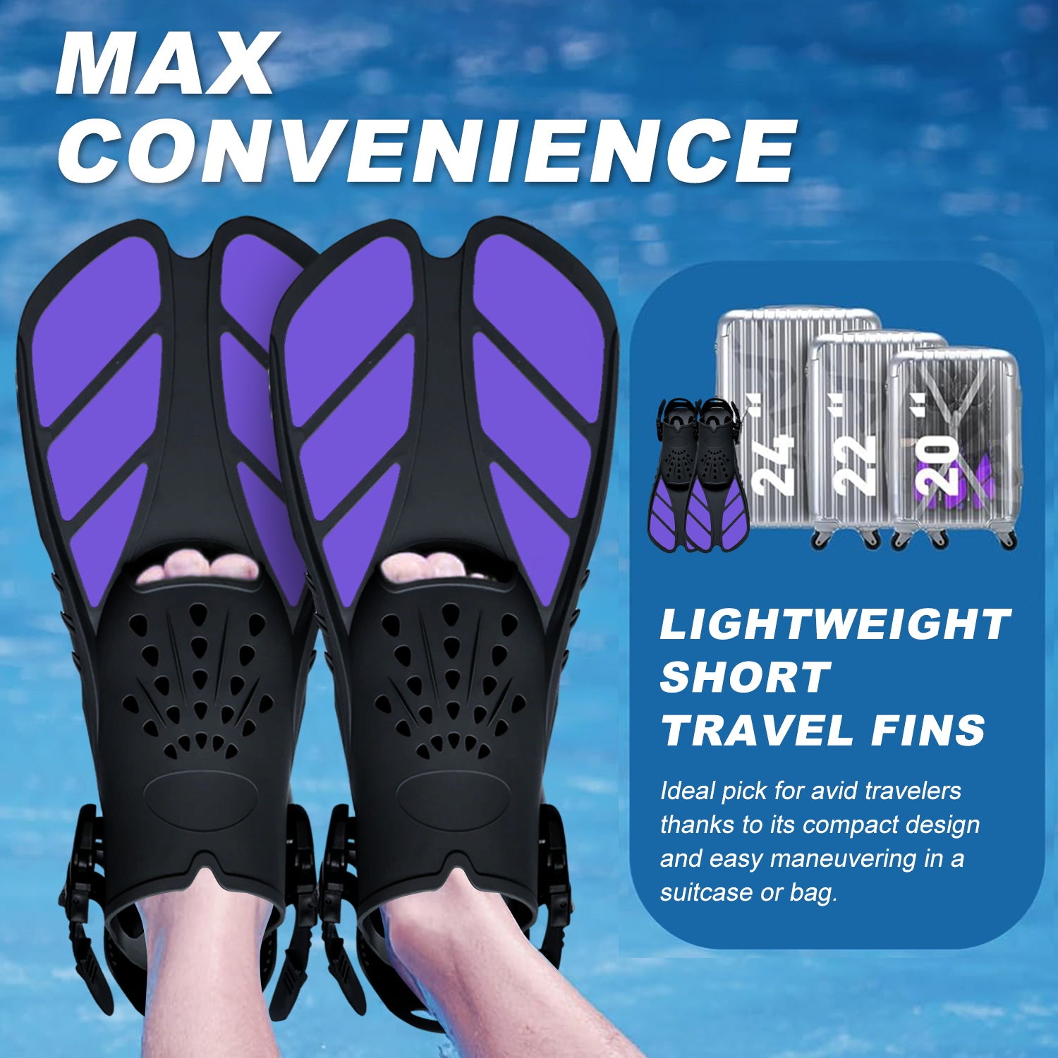 Snorkel Fins, Travel-Size Short Adjustable Swim Fins for Snorkeling and Diving—Suitable for Adults (Men and Women)— Swimming Flippers