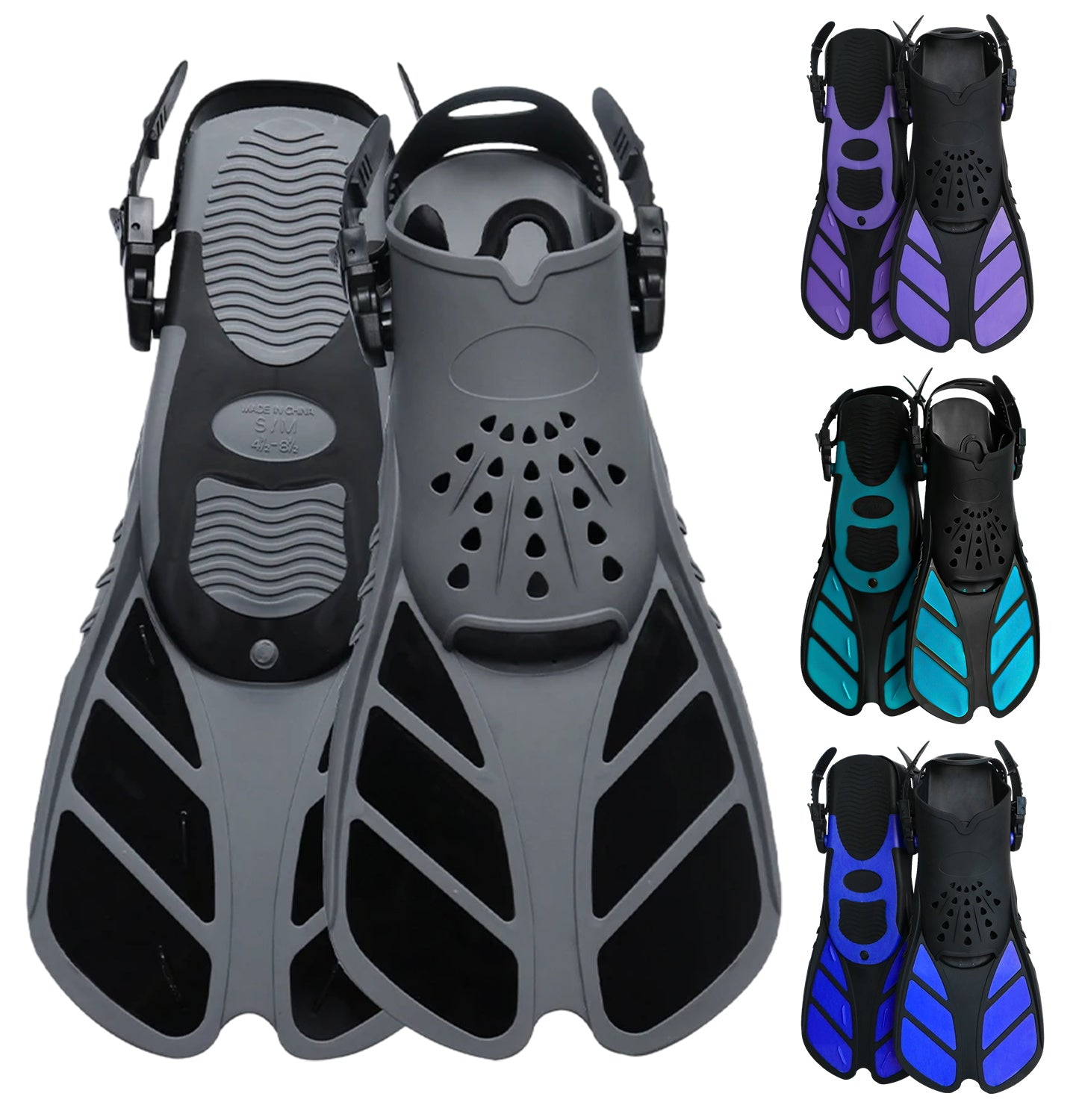 Snorkel Fins, Travel-Size Short Adjustable Swim Fins for Snorkeling and Diving—Suitable for Adults (Men and Women)— Swimming Flippers