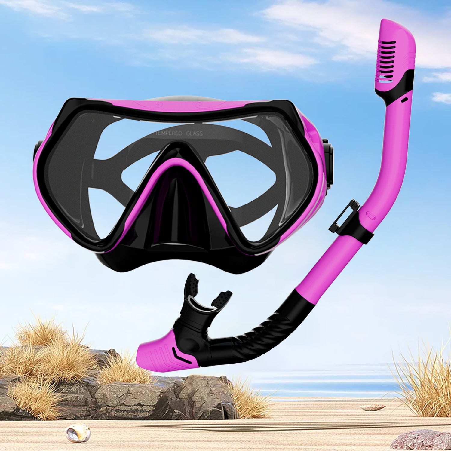 Snorkel Set, 180° Wide View Anti-Fog Panoramic View Snorkel Mask and Anti-Leak Dry Snorkel Tube, Snorkeling Gear for Adults